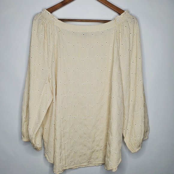 Loft Womens Tan Stiped Eyelet Off The Shoulder Blouse Size XL Long Sleeve Boho - Picture 2 of 9